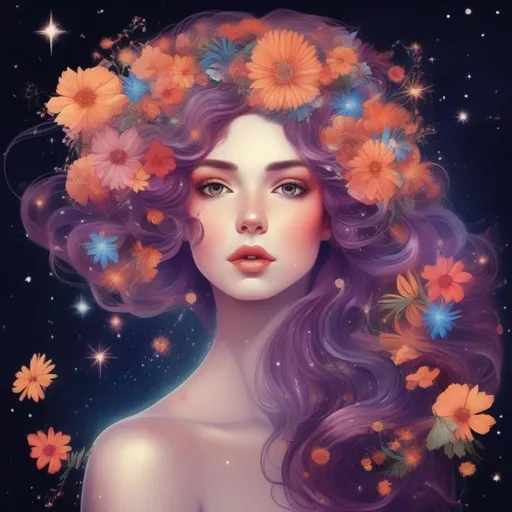 Prompt: Colorful and beautiful Persephone with hair that is made out of the stars and flowers