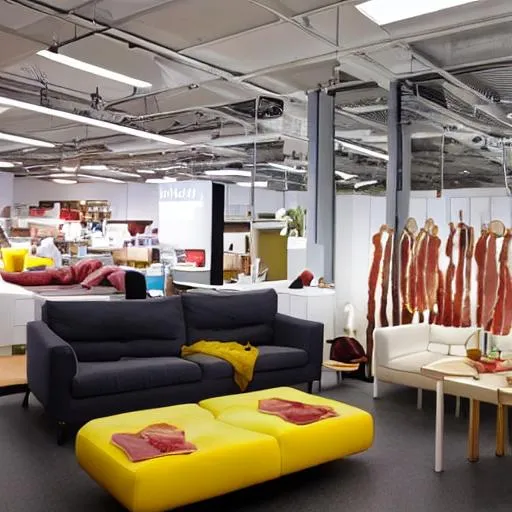 Prompt: a photograph of an ikea showroom, with bacon looking couches, modern