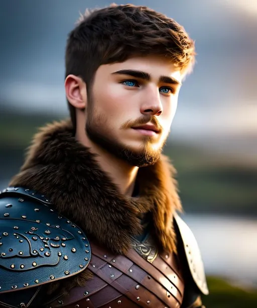 Prompt: Please produce a viking young man of 20-years-old from How to Train Your Dragon, photo session, brown hair, short hair, (((full body visible))), looking at the viewer, portrait, photography, detailed skin, realistic, photo-realistic, 8k, highly detailed, full-length frame, High detail RAW color art, piercing, diffused soft lighting, shallow depth of field, sharp focus, hyperrealism, cinematic lighting