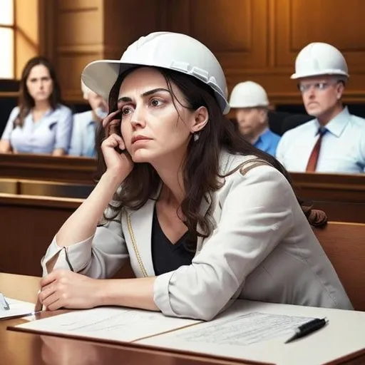 Prompt: the courtroom is full of tired and disappointed people
in first plan the exhausted engineer with white hard hat on desk, no makeup, sweating, giving hers testimony