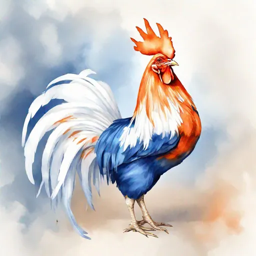 Prompt: Alcaire Blue Rooster, white head feathers, red rooster crest, deep blue body feathers, orange and sky-blue wings, blue and white tail, orange legs, masterpiece, best quality, (in watercolor painting style)