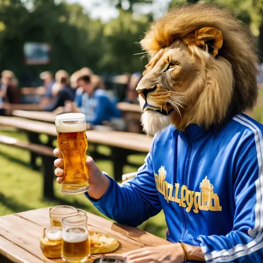 Prompt: a smiling lion sits at a picnic table wearing a royal blue and gold track suit with larger stein of beer and a smart phone in a beer garden 