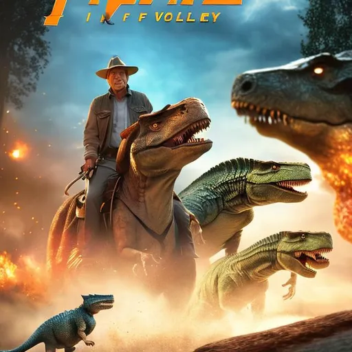 Prompt: Movie poster starring Harrison Ford for 'Indiana Jones in the Valley of Dinosaurs', accurate face, accurate costumes, T-Rex, HD, hyper realistic, 8K --s98500