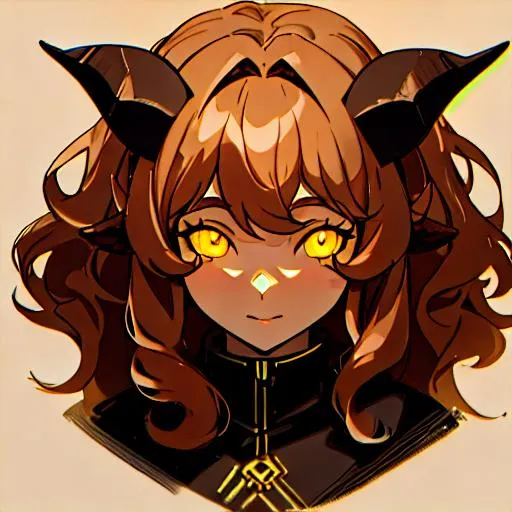 Prompt: old female human with yellow glowing eyes, long light brown curly hair. middle long horns.
Character Portrait