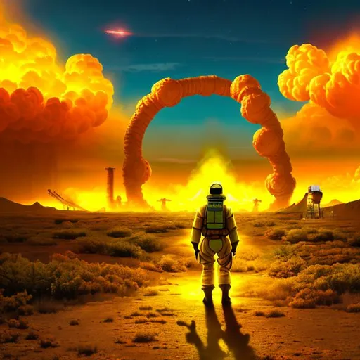 Prompt: Guy in a hazmat suit, Nuclear wasteland, entering a yellow portal, high-res