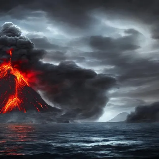 Prompt: create a realistic Horror concept art of Volcano Blast in middle of the Ocean with the tornado and jungle fire is on his massive stage and massive earthquake.

