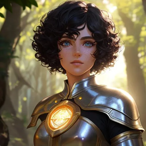 Prompt: cinematic shot, elf, dnd, cleric,  detailed face, detailed eyes, full eyelashes, detailed interior, ultra detailed accessories, short curly hair, bangs, freckles, 

((sunshine, very strong sunlight on face, cinematic lighting, volumetric lighting, beautiful shading, head light, back light, natural light, ray tracing, symmetrical)), (((masterpiece, professional, professional illustration))), Fantasy style,

UDR, HDR, 64k, masterpiece