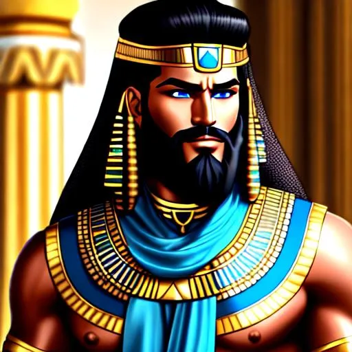 Prompt: A tall muscular tan handsome man wearing ancient egyptian noble clothes in a egyptian palace. black hair, blue eyes, black long beard