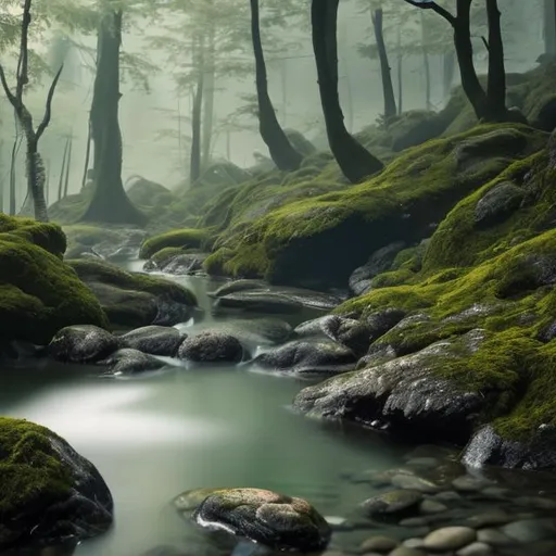 Prompt: Forest with stream and small rocks with mist rising from the water
