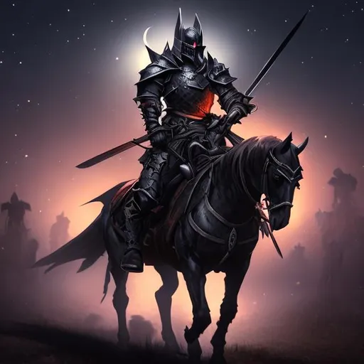 Prompt: an evil black knight on horseback at night.