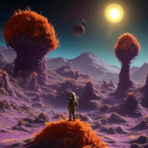 Prompt: Aliens exploring a planet made of cannabis with orange hairs and purple leaves detailed realistic 