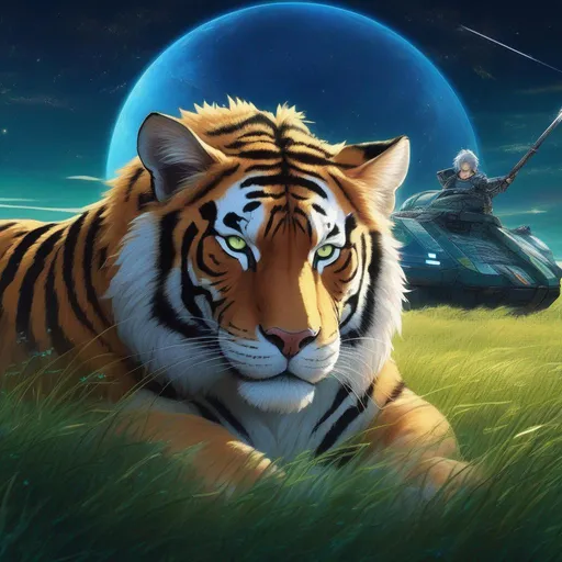 Prompt: {{anime cyberpunk swordsman looking intently at the viewer}}, riding a liger on a patch of grass, outer space background, highly detailed, hayao miyazaki