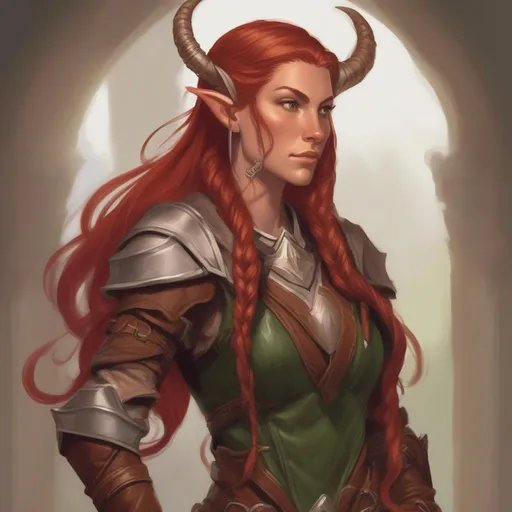 Prompt: dnd a elven woman with long braided red hair wearing brown leather armor with two small born horns coming out of her head 