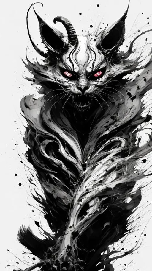 Prompt: Demon Cat negative black and white Speedpaint with large brush strokes by , Junji Ito, Ismail Inceoglu, , Gazelli, M.W. Kaluta, richard anderson, paint splatter, white ink, a masterpiece, 8k resolution, trending on artstation, horror, terrifying, highly detailed and intricate