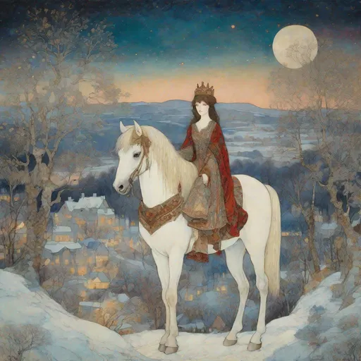 Prompt: Inlay Aubusson tapestry: a winter enchanted beautiful princess and her white horse, a whimsical village landscape background under a beautiful twilight night sky art by Gustave Moreau, Edmund Dulac, William Russell Flint, John Lowrie Morrison, Thomas Edwin Mostyn, Gustav Klimt, John Piper, William Timlin, John Bauer. 3/4 portrait, beautiful pastel aquarelle colours, crispy quality, cinematic smooth, polished finish, high quality, very clear resolution, blue, gold and rose tones, metallic glow