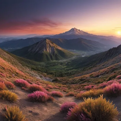 Prompt: Crea una imagen panorámica de 2000×1000 píxeles que represente un amanecer sobre las montañas, con colores cálidos y una atmósfera tranquila y serena