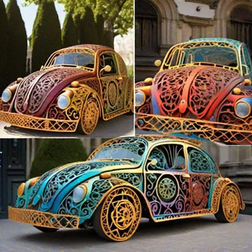 Prompt: A VW beetle made out of colored filigree wrought iron work