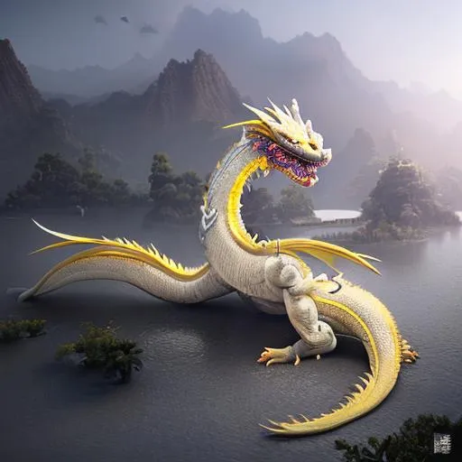 Prompt: emperor's white dragon with glowing yellow eyes, floating sky palace background, old chinese style, hyper realistic, white mix with golden, full body