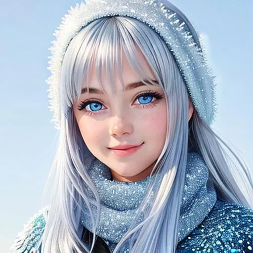 Prompt: young girl, covered in frost, bashful hypnotic sapphire blue eyes, calm bashful smile, gorgeous silver hair