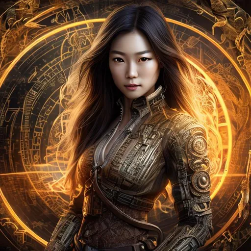 Prompt: CGI, 4K high resolution, western style, japanese female, smirking, intricate light brown hair with blonde streaks, 100% opaque clothing, surrounded by alchemy symbols