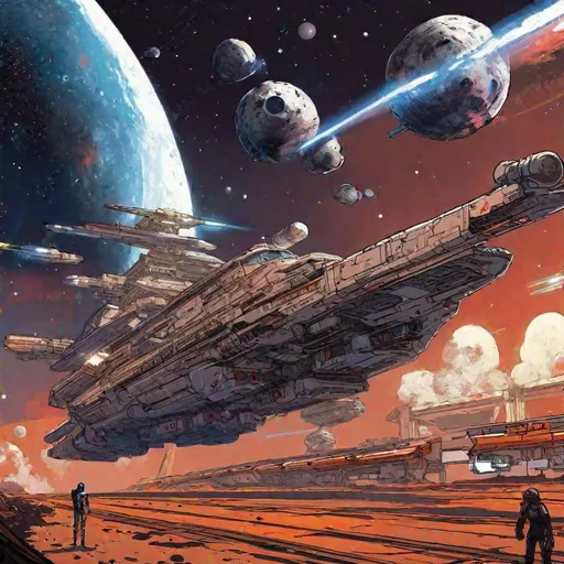 Prompt: A scifi battleship hip in space. Mass effect art. Background is an asteroids field. Rpg art. Anime art.  Akira art. Leiji Matsumoto art. Katsuiro Otomo art. Detailed. 2d art. 2d