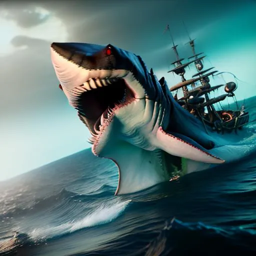 Prompt: Megalodon destroying a pirate ship