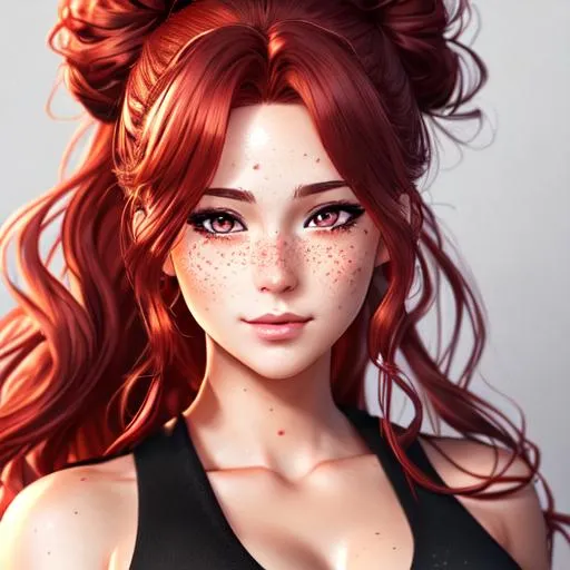 Prompt: extremely realistic, hyperdetailed, long crimson wavy hair in a messy bun anime girl, face full of freckles, mechanics, highly detailed face, highly detailed eyes, highly detailed body, full body, whole body visible, full character visible, soft lighting, high definition, ultra realistic, 2D drawing, 8K, digital art