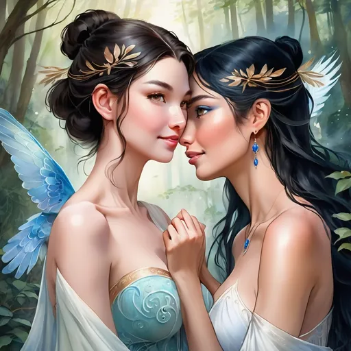 Prompt: digital watercolor painting, Highest quality, goddess attire, two women in love, first woman is a Asian woman with black hair and brown eyes, second woman is a white woman with light brown hair and blue eyes, fantasy forest setting, perfect bodies, perfect faces, soft lighting, romantic, detailed, fantasy, elegant, romantic atmosphere, detailed facial features, ethereal, exquisite, graceful poses, smiling at each other loving bold brush strokes, art nouveau