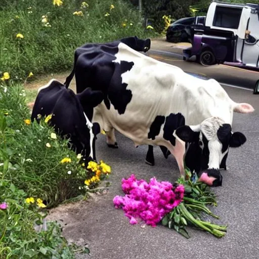 A cow eating flowers under a car OpenArt