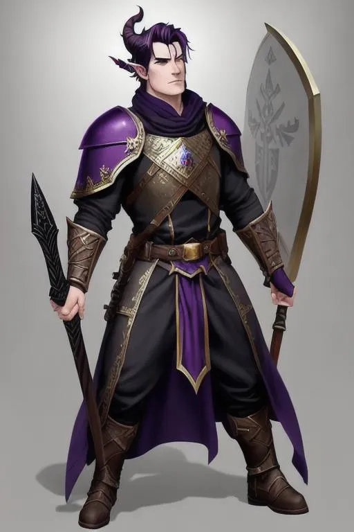 Prompt: fantasy art of a male cleric character 25 year old tiefling using both hands to wield a warhammer and a shield on a mountain at midday, holding shield in one hand and warhammer in other hand, pale skin, heavy shadows, high contrast, long dark purple hair, determined expression, (((no facial hair))), Clean-shaven, 
 Smooth-faced, Bald-faced
,brown jackboots, and red eyes, dark aura, wearing basic chainmail armor, indigo and gold vestments, clerical style robes, large brown belt around waist, loose cotton trousers, pouches on belt, light crossbow on belt, plain leather gloves, small bag on strap over shoulder