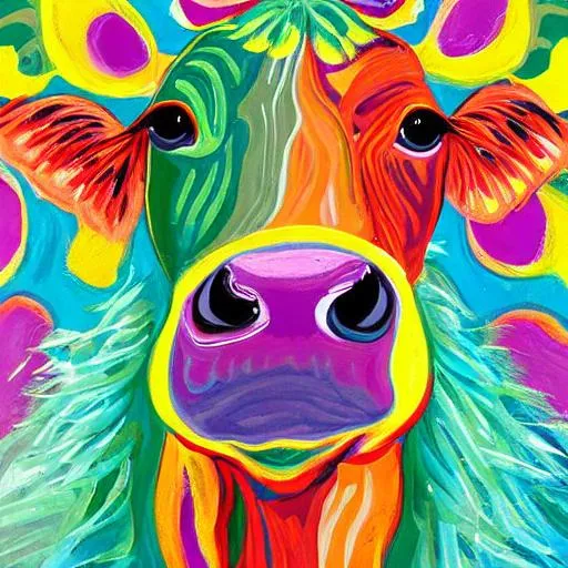 Prompt: A bright, vibrant, dynamic, spirited, vivid painting of a dairy cow in peacock pattern. 