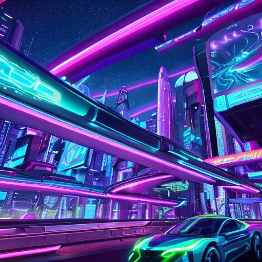Prompt: Design a futuristic landscape with flying cars and neon lights, depicting a bustling metropolis at night