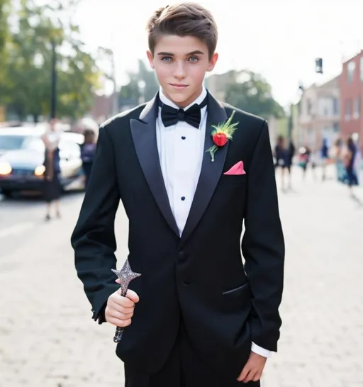 Prompt: Attractive teenage Boy in a tuxedo casting a sparkly magic spell with his magic wand on his girlfriend 