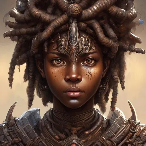 Prompt: Closeup face portrait of a warrior {person}, smooth soft brown skin, big dreamy eyes, beautiful intricate african hair with a crown, symmetrical, anime wide eyes, soft lighting, detailed face, by concept art, digital painting, looking down from camera