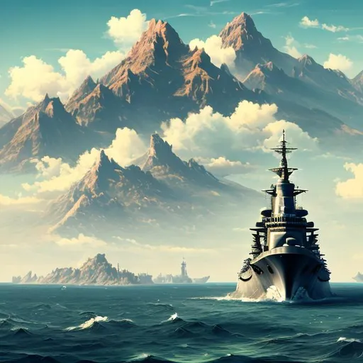 Prompt: a mountain view across a sea with a battleship on a sunny day