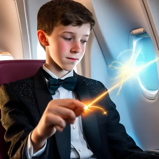 Prompt: 16 year old boy in a tuxedo in the airplane aisle pointing his magic wand at a seat on the plane to cast a spell on the person sitting there. Sparkling magic spews all over from the seat