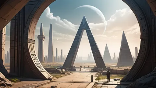 Prompt: small circular portal in the distance, gateway between cities realms worlds kingdoms, ring standing on edge, freestanding ring, hieroglyphs on ring, complete ring, obelisks, pyramids, futuristic towers, large wide-open city plaza, wide vista view, futuristic cyberpunk dystopian setting