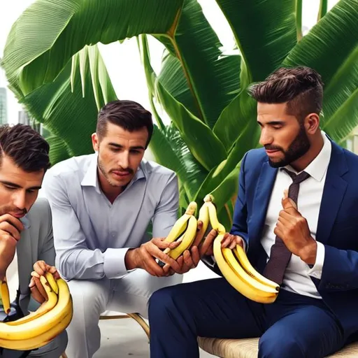 Prompt: elegant business rich men eating bananas under a palm