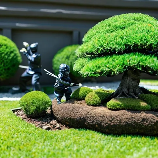 Prompt: ninjas mowing the lawn beside bonsai tree