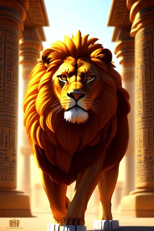 Prompt: oil painting, anthropomorphic lion, male, furry, warrior, ancient egypt, 8k, UHD, depth of field, bronze weapons, hieroglyphics art, hyperrealistic, photorealistic, beautiful art, furry art, digital art,  hyperperfectionist, muscular, pharaoh, lion head, hyper detailed background, ancient egypt temple inside background, god of egypt, highly detailed, gold skin, scary, bloody, fight, pharaoh crown, majestic, furred skin, glowing halo, panned out view of the character, hyperdetailed full-body of a werelion in battle stance, anthropomorph