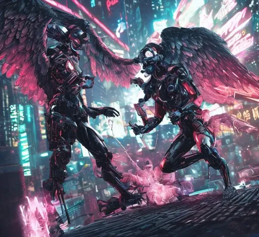 Prompt: Cyberpunk angel fight against demon


