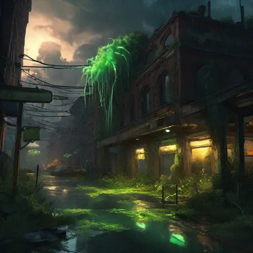 Prompt: post-apocalyptic cityscape, zoo, the last of us style, bioluminescent green mutated fungi spreading like an infection on the land, trending on Artstation, overgrown, raining, flooded streets, sinkholes, exposed underground, hypermaximalist, highly detailed, digital painting, golden hour, twilight, moonlight through clouds, light rays through clouds, light pillars, cinematic style, perfect composition, aspect ratio 3:2, full shot, dramatic lighting, reflections