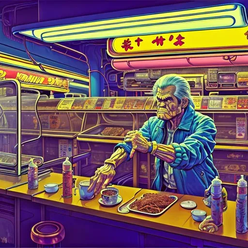 Prompt: Moebius Style. Jack Kirby painted art. Tokyo. Ramen noodle restaurant. raining. little noodle shop. vending machine. 48 years old. fit male. jack kirby meets photorealism. colour. action. fix the hands. clarify facial expression. realistic. painted style. larger room. cooks, waiters, patrons. busy atmosphere. claymation style.