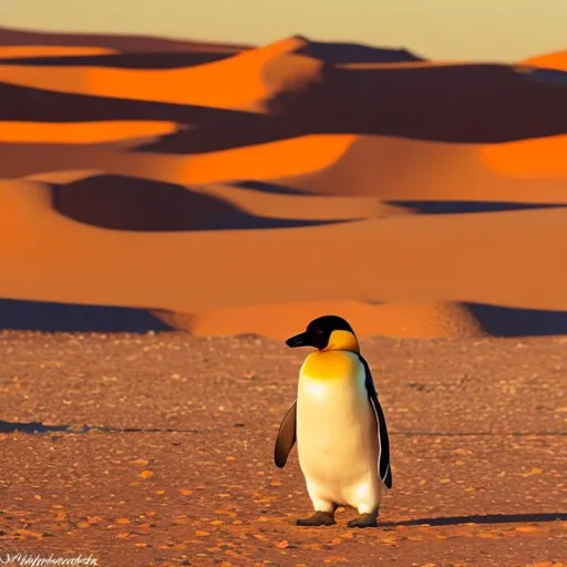 Prompt: penguin in big yellow orangish desert at sunset