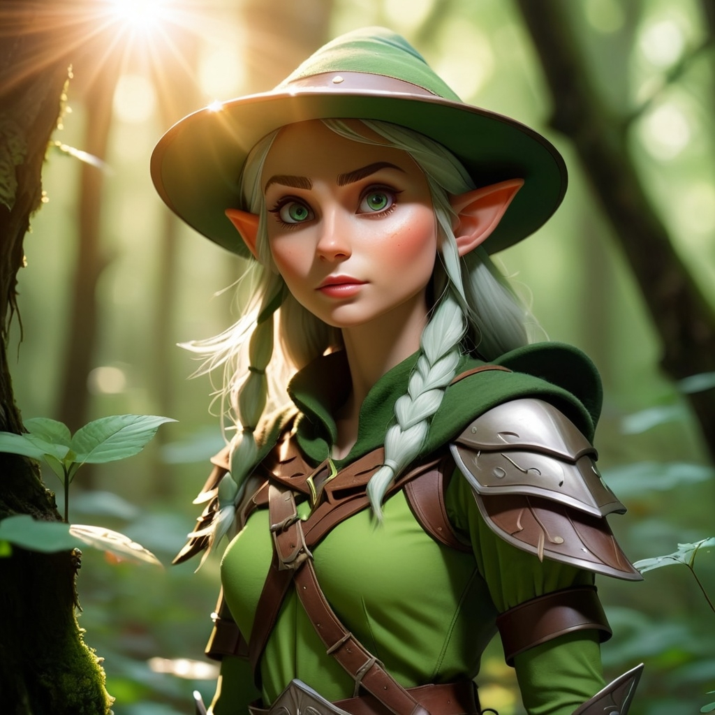 Elf ranger in a mystical forest around sunlight