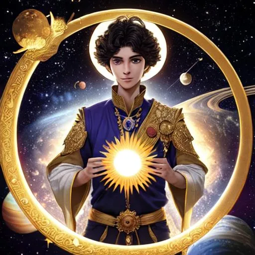 A 25 years old prince is holding the sun and moon in... | OpenArt