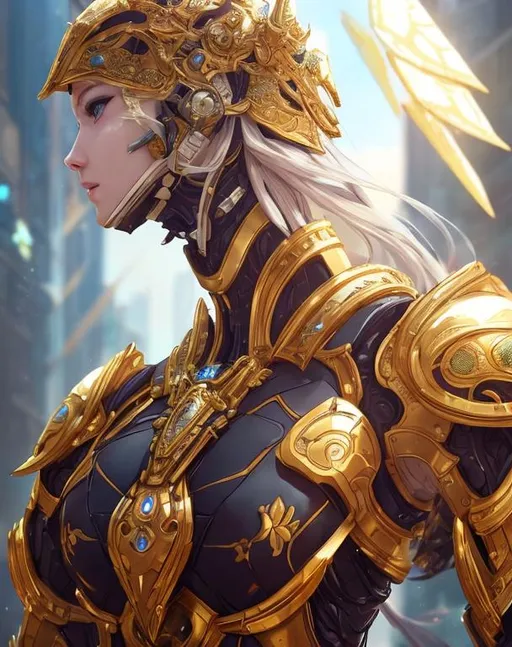 Prompt: show face, an intricate girl exoskeleton, white mate & gold armor, pale skins, futuristic mecha armor, cyberpunk light, juicy, tron, 3d, Splash art, front, epic Instagram, artstation, hyperdetailed intricately detailed, intricately detailed full helmet, unreal engine, fantastical, intricate detail, splash screen, complementary colors, Sci-fi concept art, 8k, heavy strokes, splash arts, full height, full body,