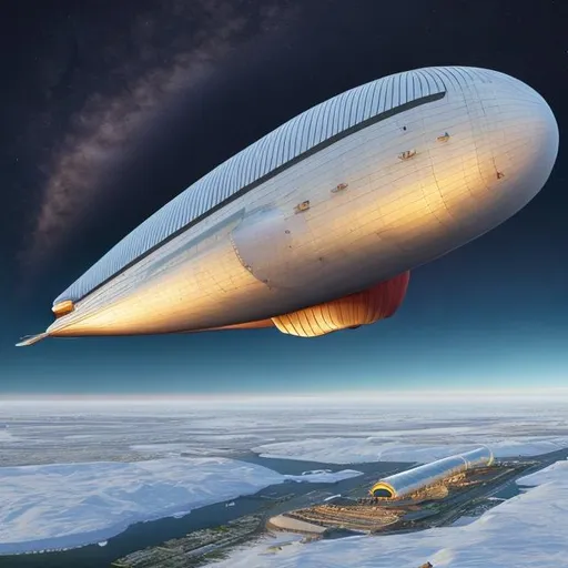 Prompt: UHD photorealistic rendering of art deco zeppelin airship over the North Pole at low altitude 