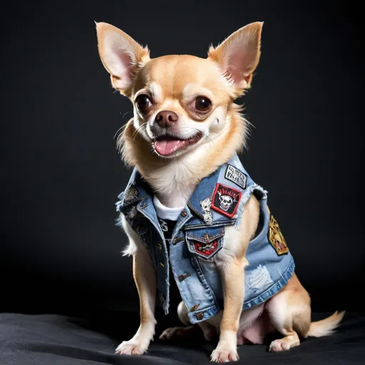 Prompt: Chihuahua wearing a heavy metal music denim vest with patches