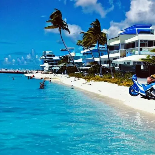 Prompt: clear blue water in miami beach in the summer time with new blue motorcycle